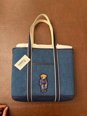 Polo by Ralph Lauren Denim Tote with Bear Patch and Cream Handles